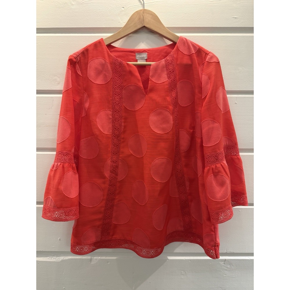 Chicos Blouse Womens 1 US 8/10 Orange Polka Dot Boho Crochet Knit Preppy Bright